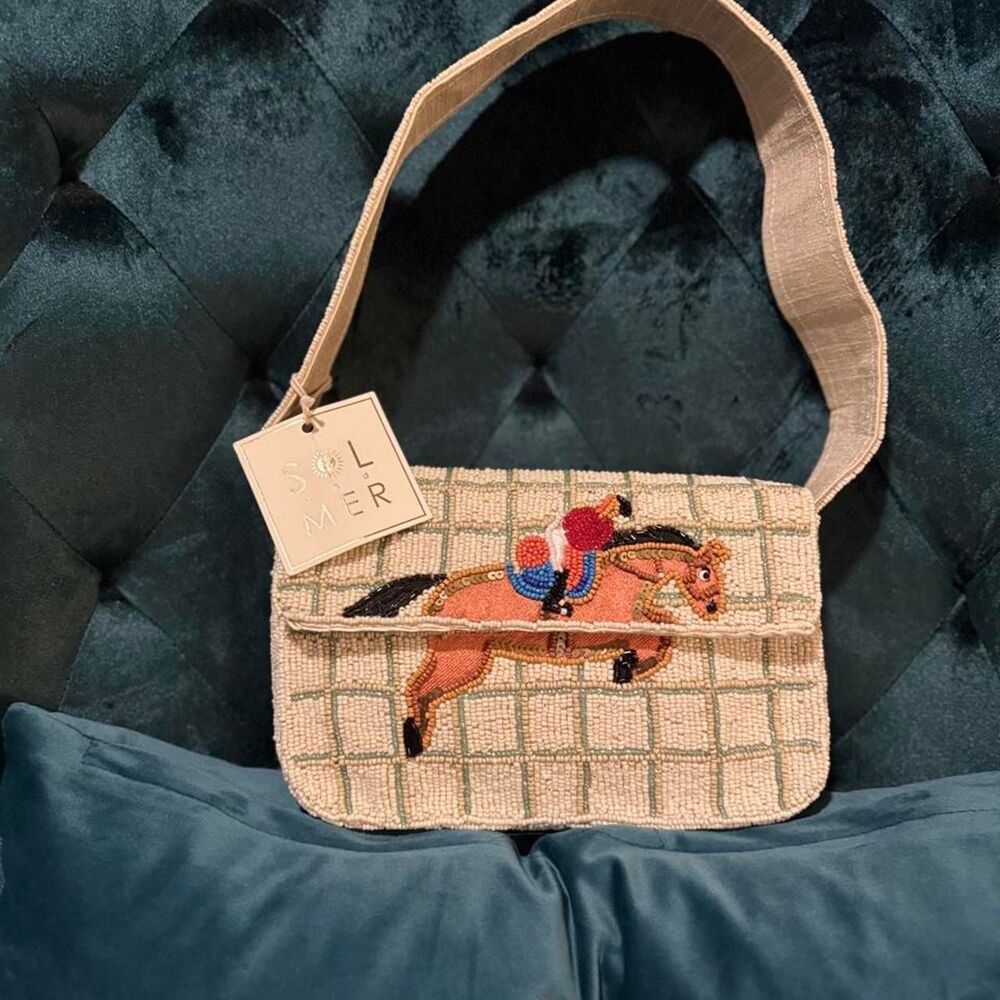 NWT Sol and Mer Beaded Equestrian Shoulder Bag Horse Motif Cream